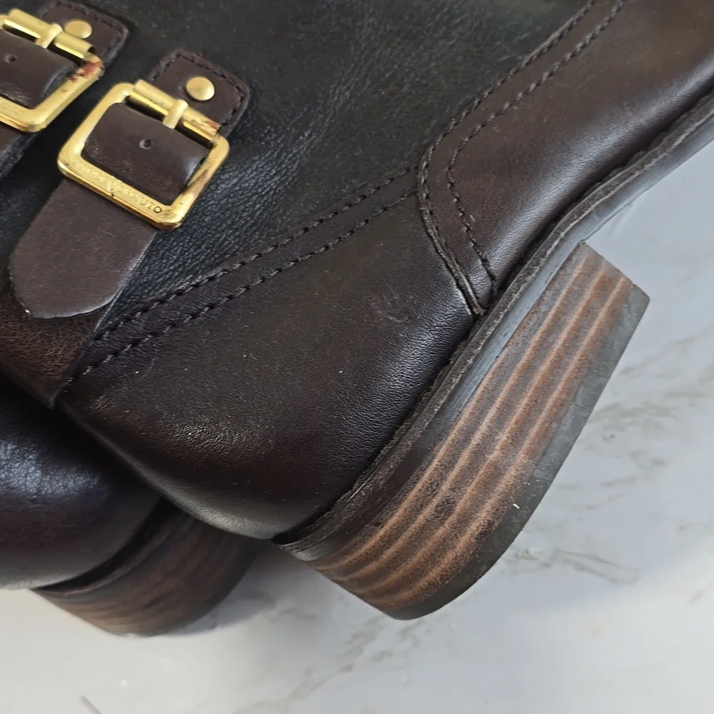 Vince Camuto Black and Brown Knee-High Boots with Buckle Detail
